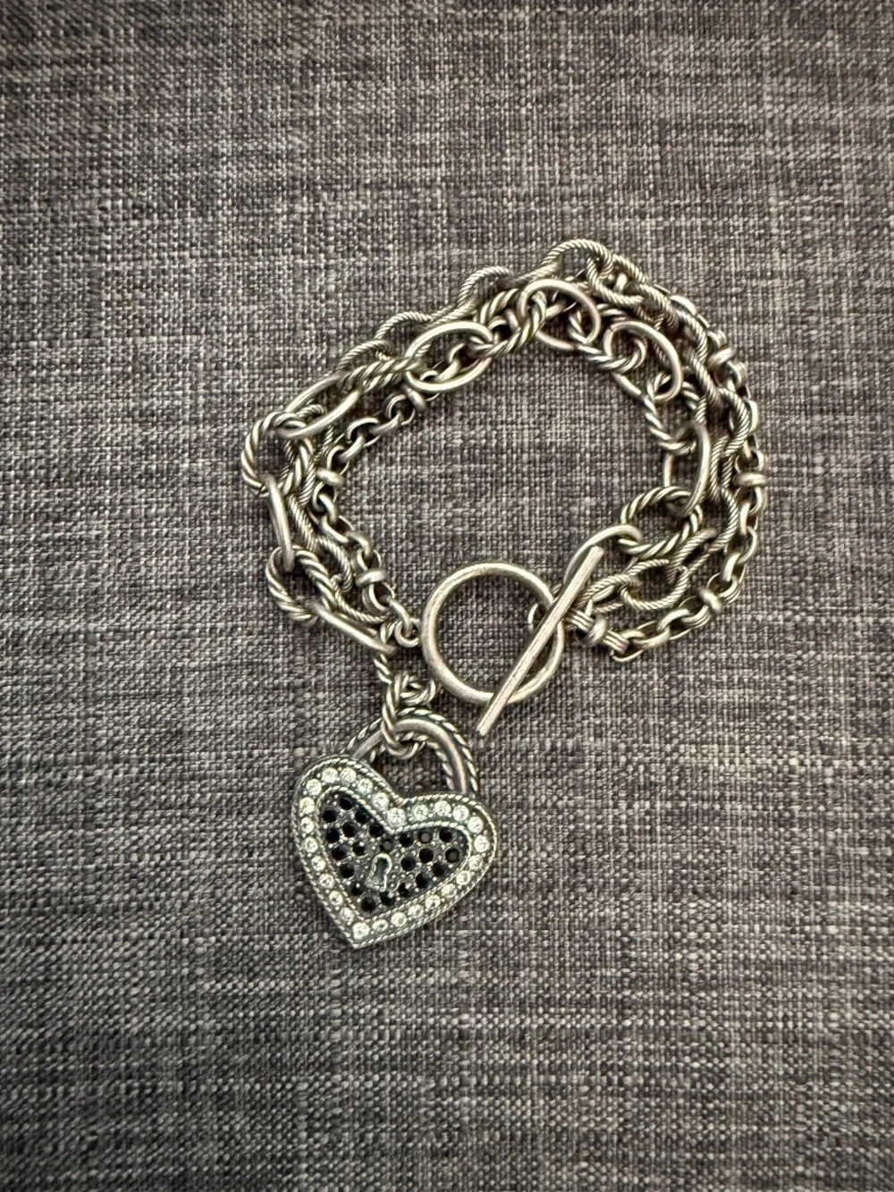 Brighton Silver Heart Charm Toggle Bracelet Rhinestone Accent